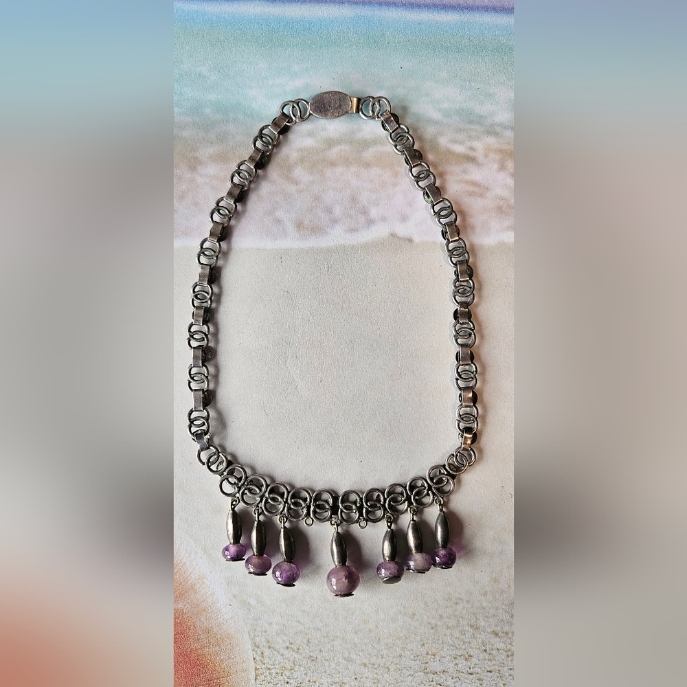 #135 Nailhead and Amethyst Drop Stone Handcrafted Necklace